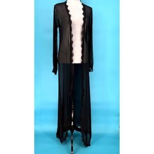 Vintage Sheer Black Mesh Lace Maxi Duster Open Front Long Sleeve Witchy Whimsy